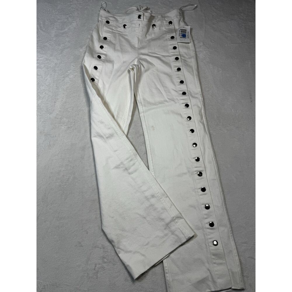 Staud Carter White Denim Straight Leg Sailor Flap Silver Buttons SZ 8 NWT 32”